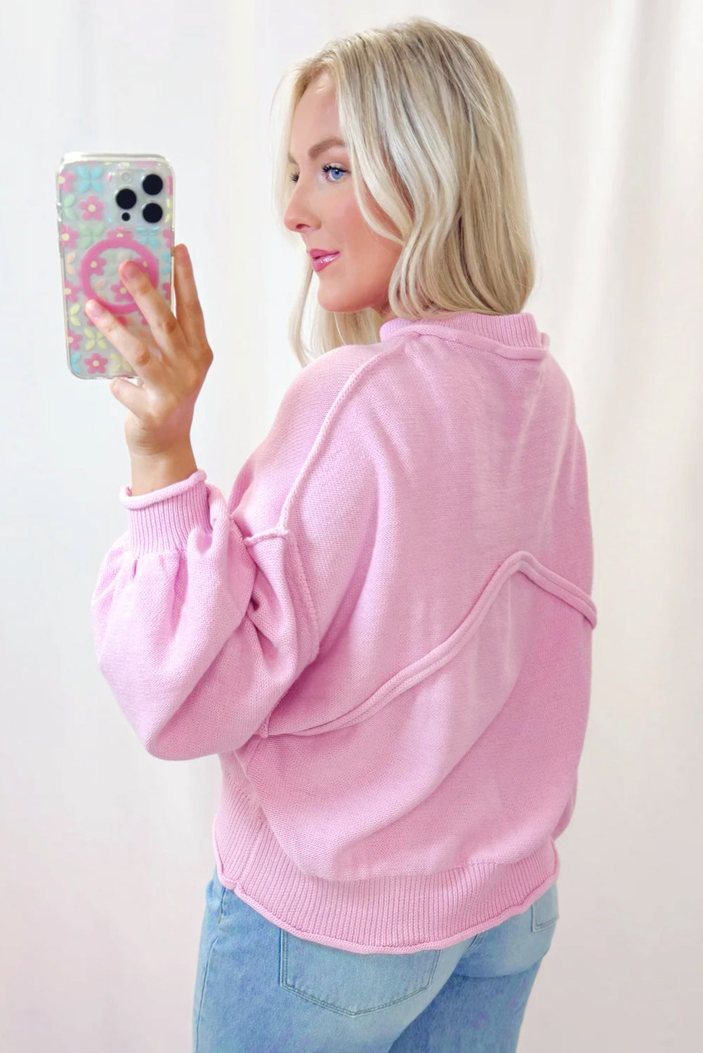 Pink Solid Color Pocket  Bishop Sleeve Knit Sweater