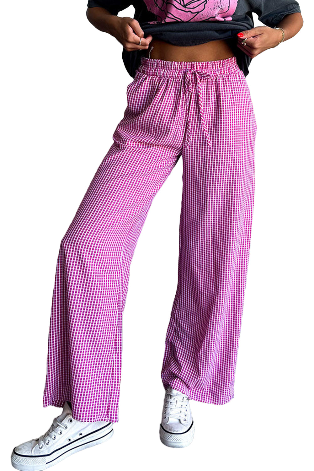 Pink Plaid High Waist Wide Leg Pants