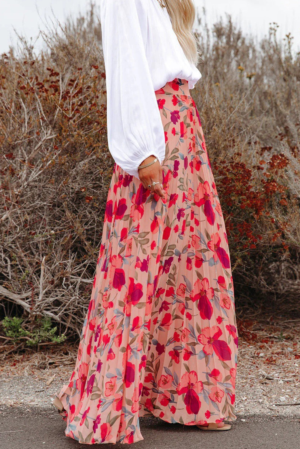 Pink Boho Floral Print High Waist Maxi Skirt