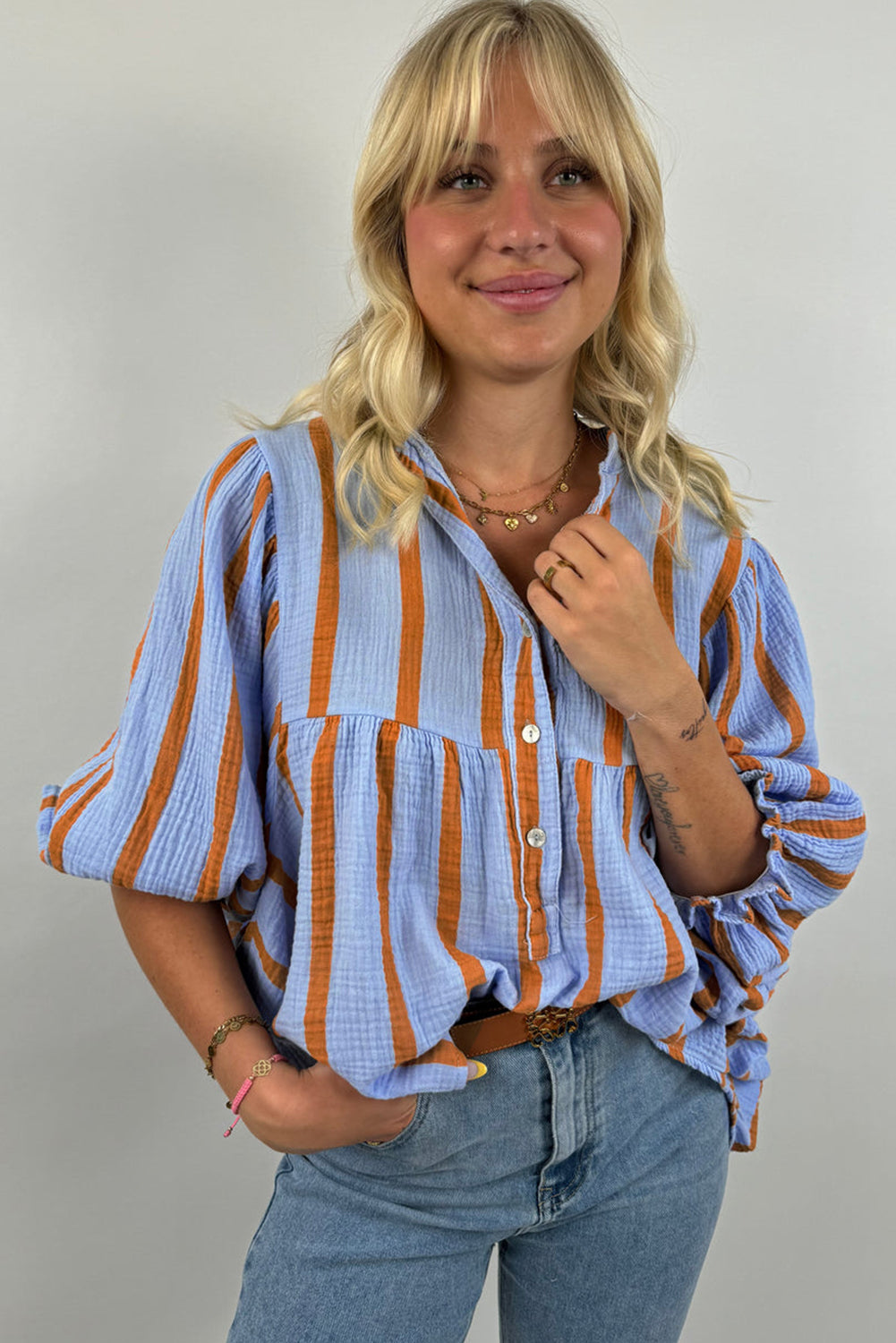 Sky Blue Stripe Crinkle Ruffle Sleeve Loose Blouse