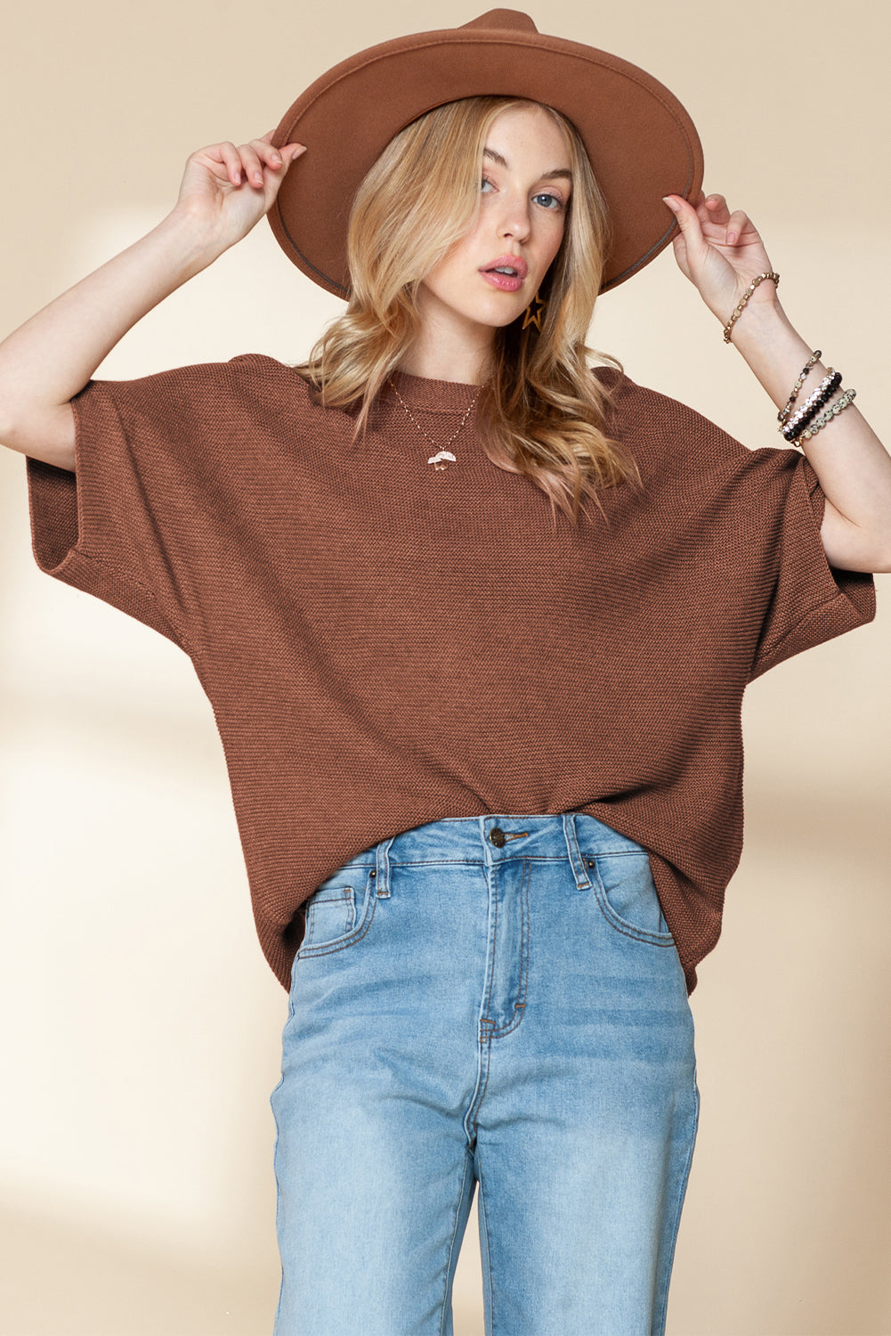 Apricot Mock Neck Short Sleeve Sweater