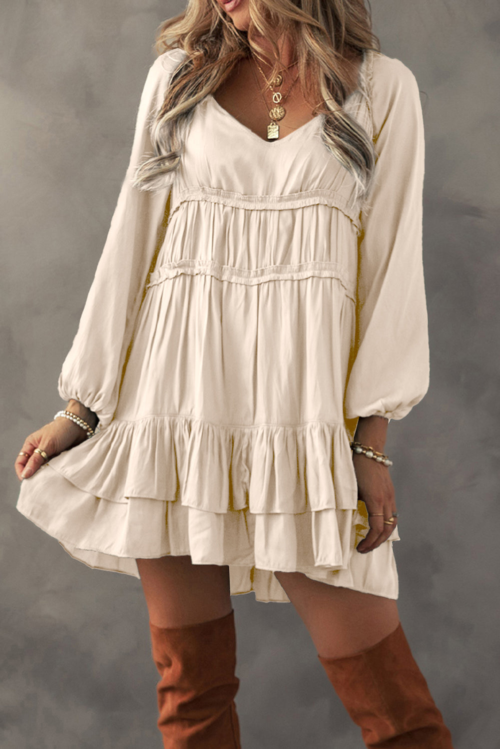 Apricot Puff Sleeve Loose Fit Tiered Ruffle Mini Dress