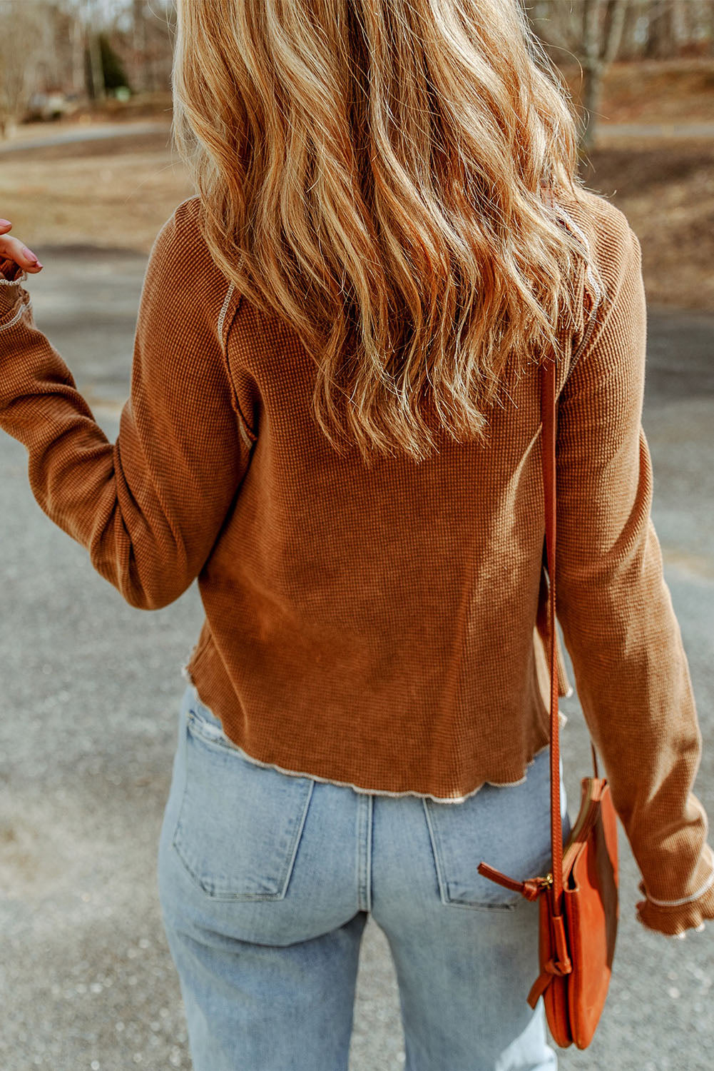 Blue Exposed Seam Textured Pullover Long Sleeve Top