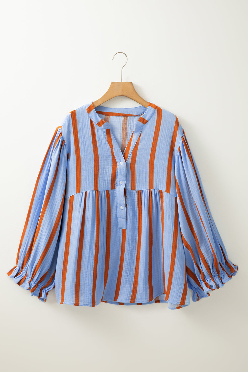 Sky Blue Stripe Crinkle Ruffle Sleeve Loose Blouse