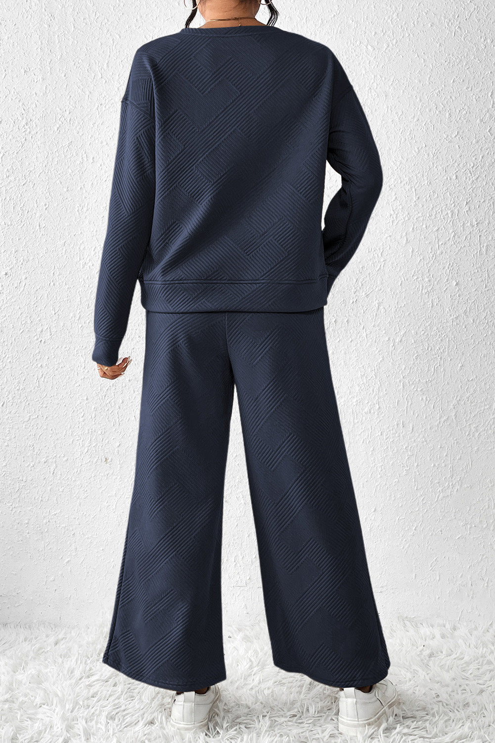 Navy Blue Textured Loose Slouchy Long Sleeve Top and Pants Set