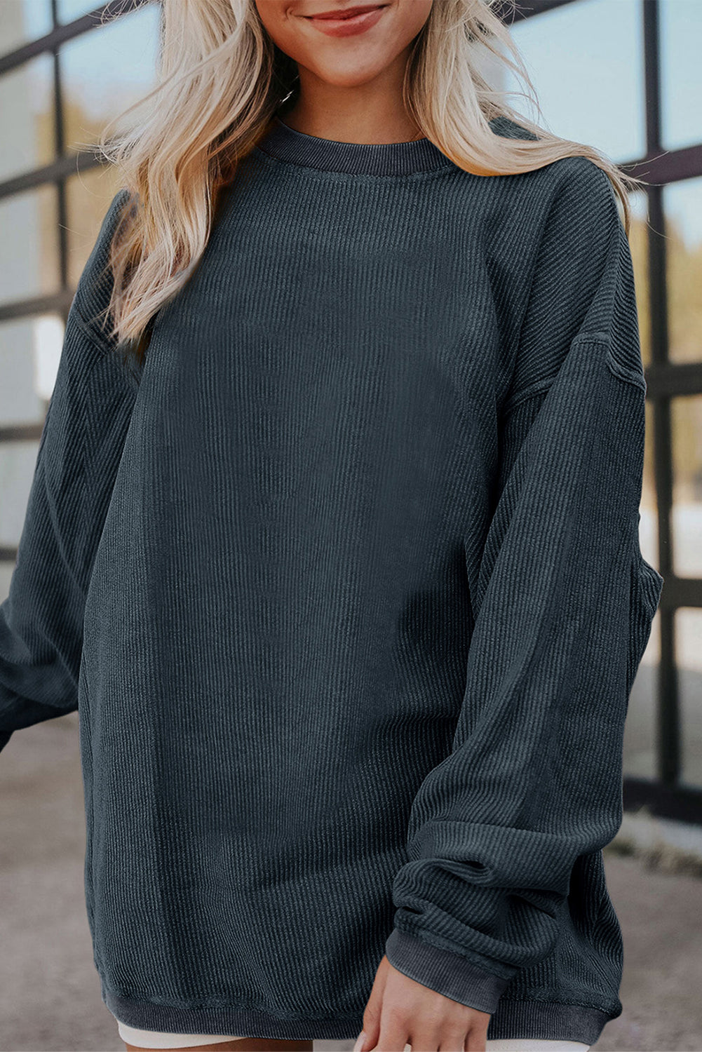 Light Grey Drop Shoulder Crinkle Rib Oversized Sweatshirt