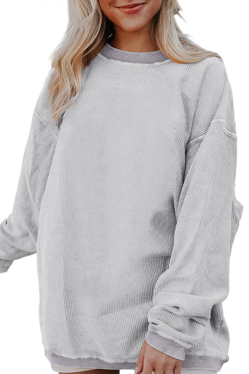 Light Grey Drop Shoulder Crinkle Rib Oversized Sweatshirt