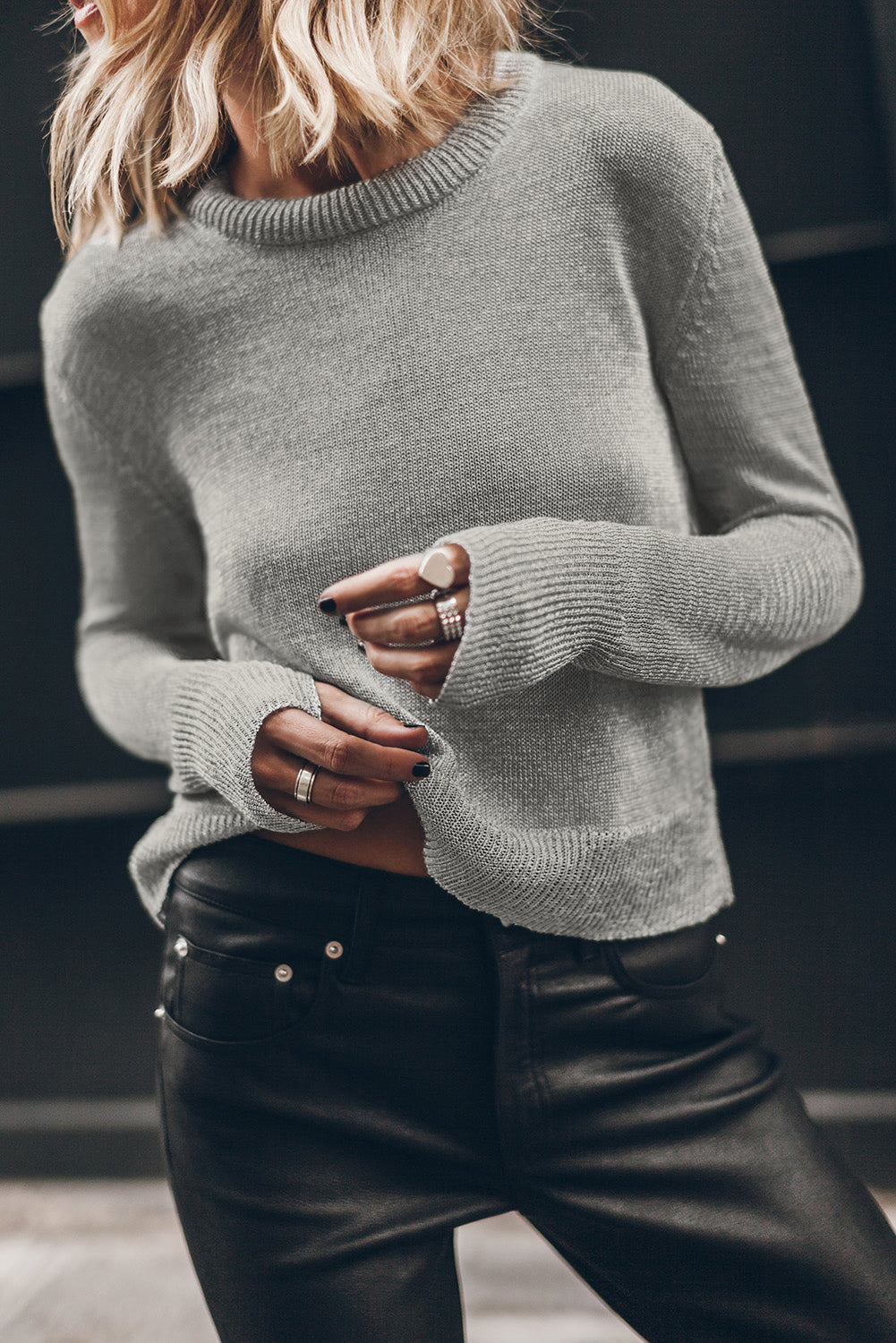 Gray Solid Thumbhole Sleeve Ribbed Edge Sweater