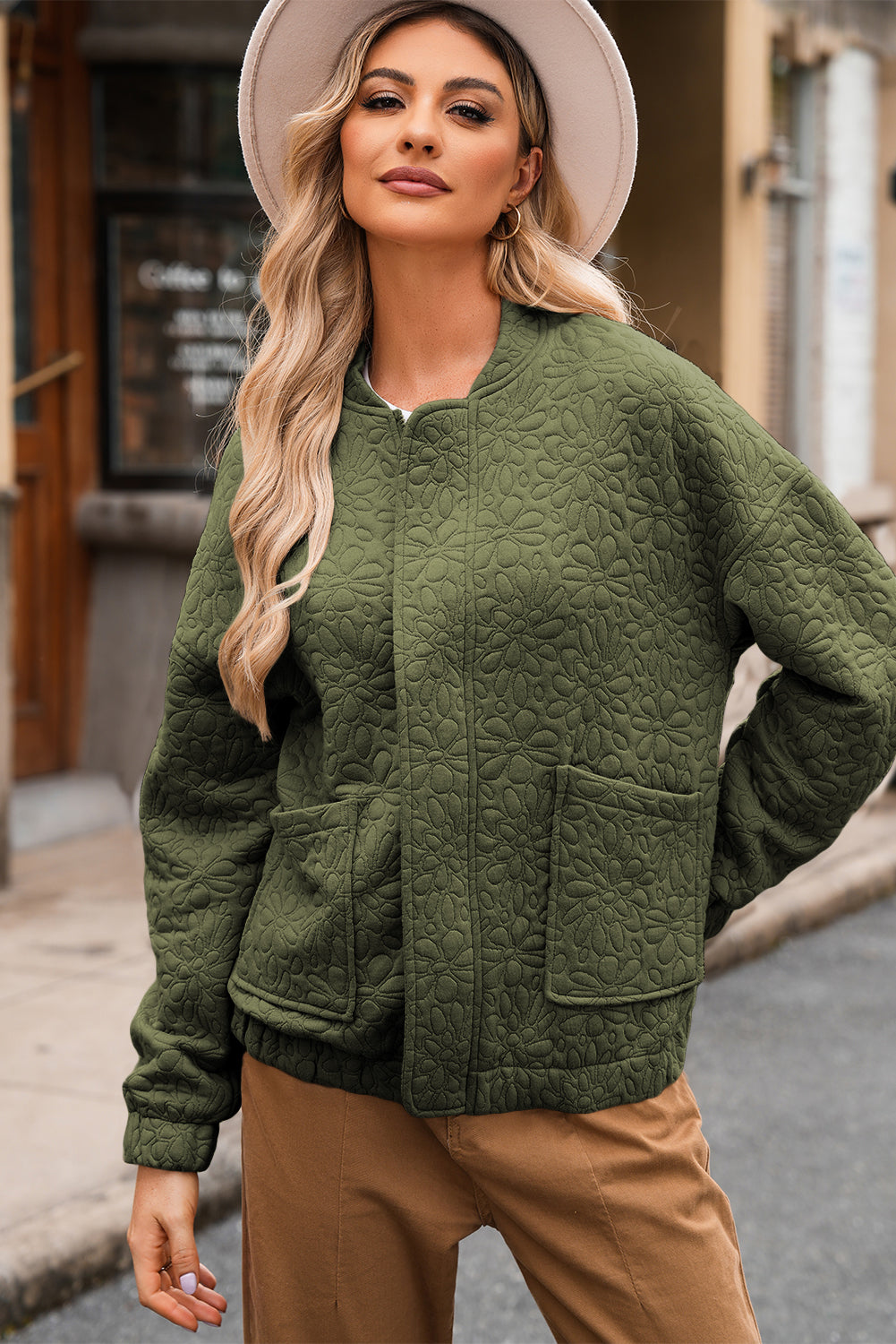 Jungle Green Plain Floral Embossed Zip Up Jacket