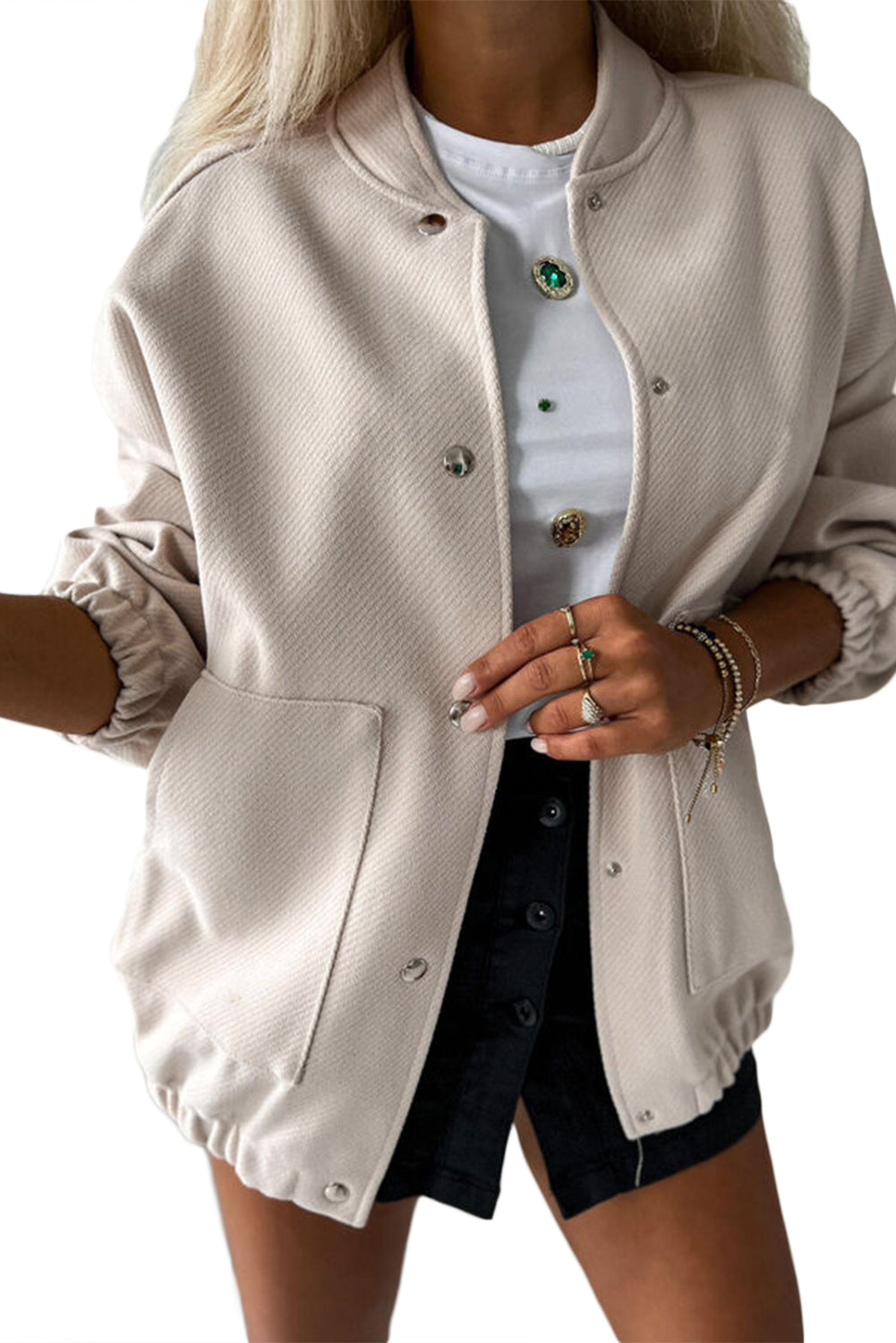 Beige Snap Button Pocketed Bomber Jacket