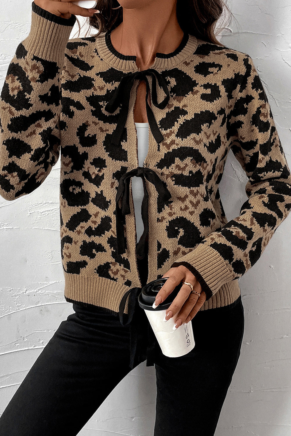 Brown Leopard Print Bow Tie Knit Cardigan