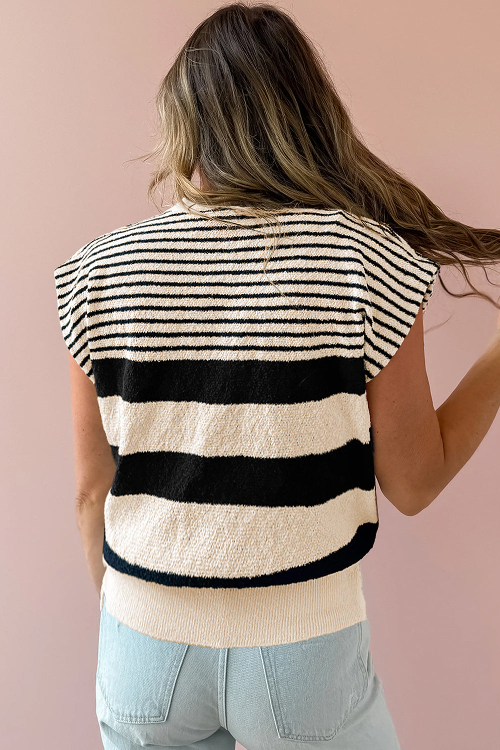 Black White Striped Sleeveless Knit Top