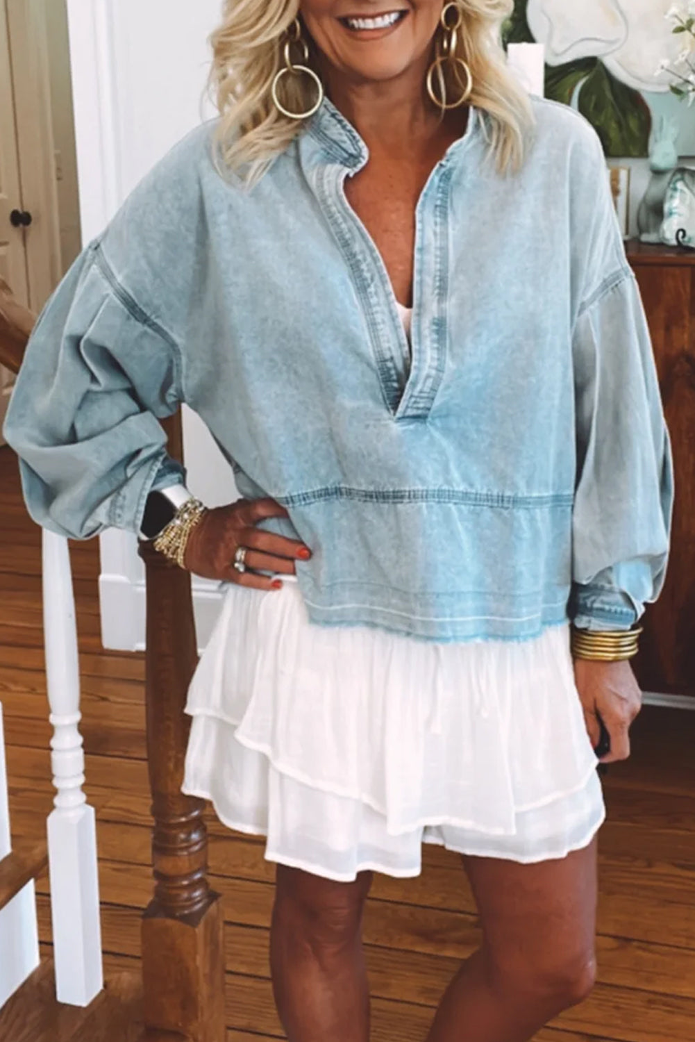 Beau Blue Light Wash Puff Sleeve V Neck Denim Blouse