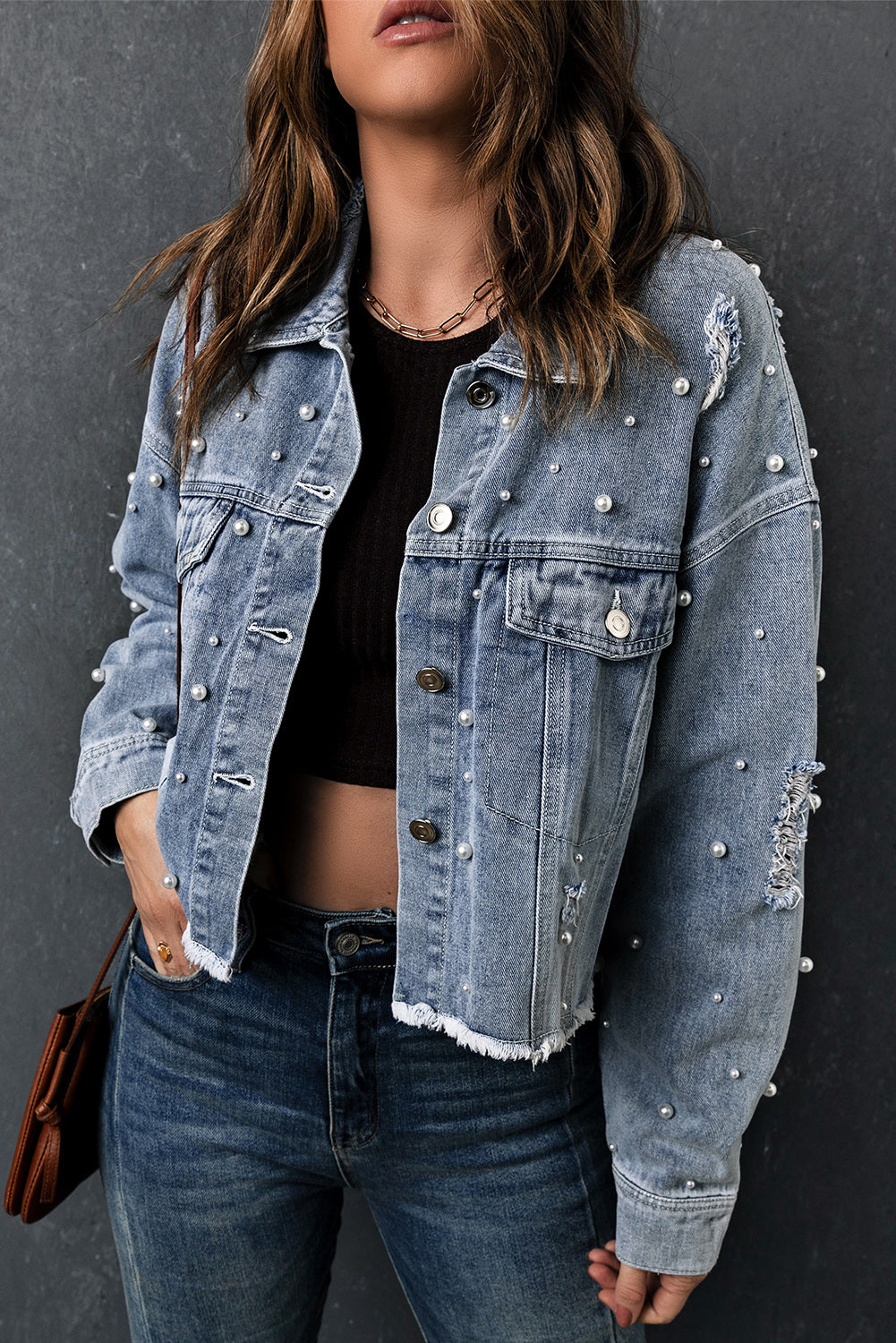 Sky Blue Pearls Beading Cropped Denim Jacket