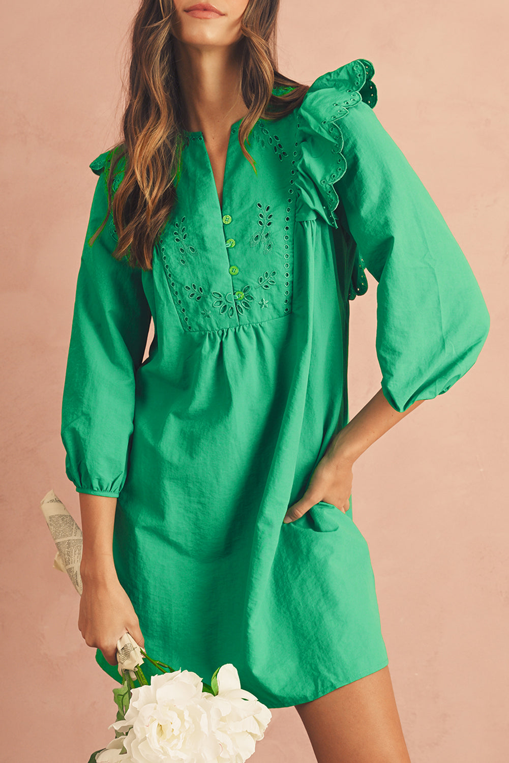 Bright Green Embroidered Ruffle Trim 3/4 Sleeve V Neck Mini Dress