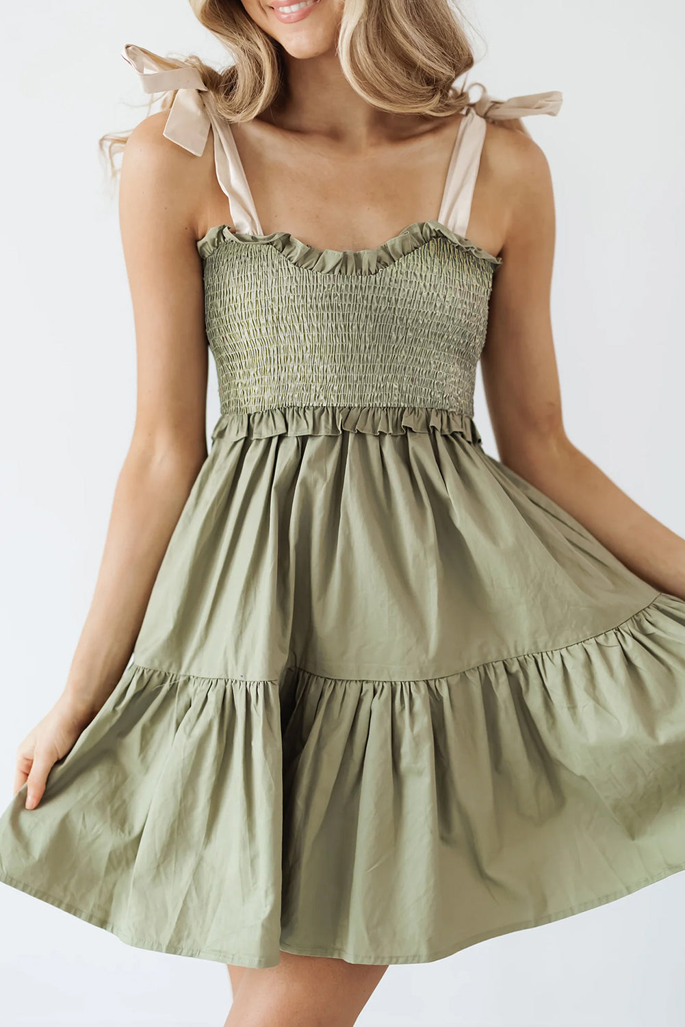 Laurel Green Tie Strap Frill Detail Smocked Mini Dress