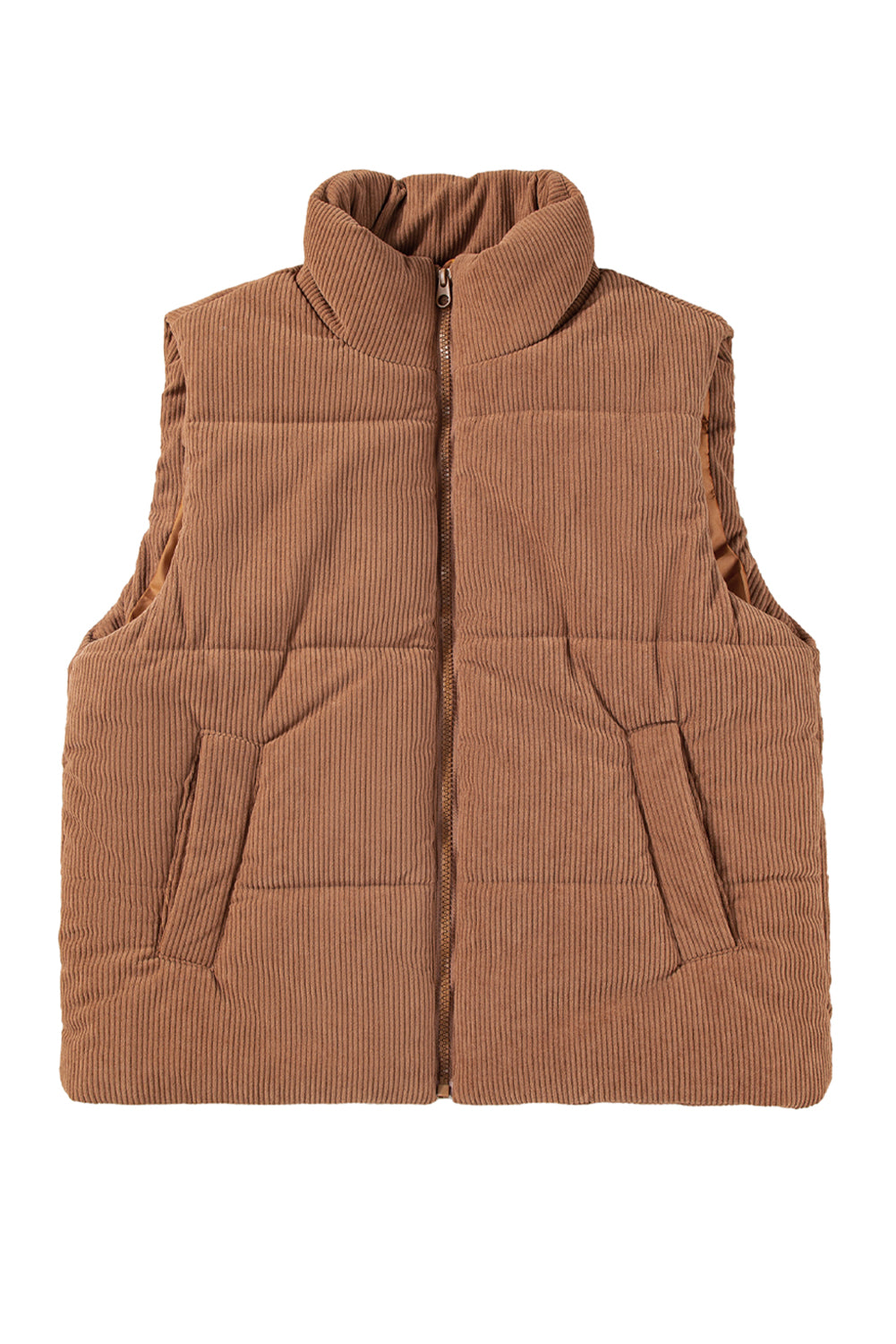 Coffee Solid Color Corduroy Puffer Vest Coat