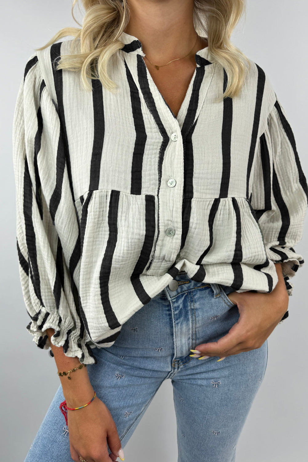 Sky Blue Stripe Crinkle Ruffle Sleeve Loose Blouse