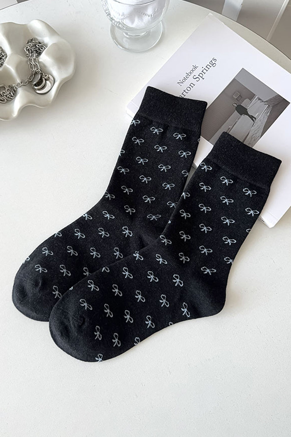 Black Bow Ribbed Edge Crew Socks