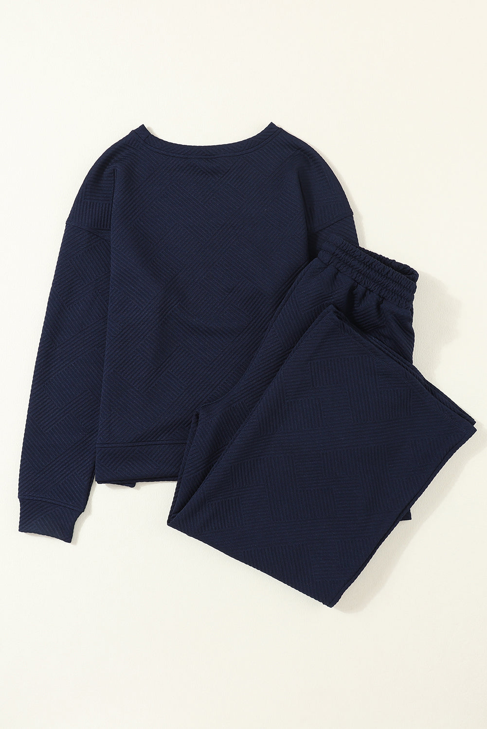 Navy Blue Textured Loose Slouchy Long Sleeve Top and Pants Set