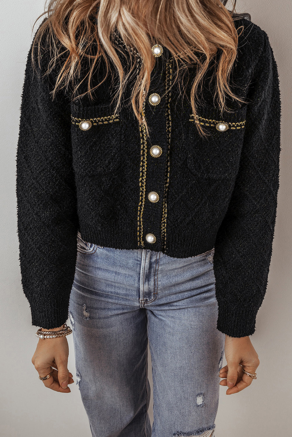 Black Shimmer Button Up Cardigan