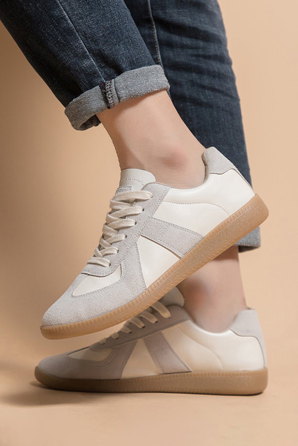 Beige PU Leather Suede Patchwork Flat Sneakers