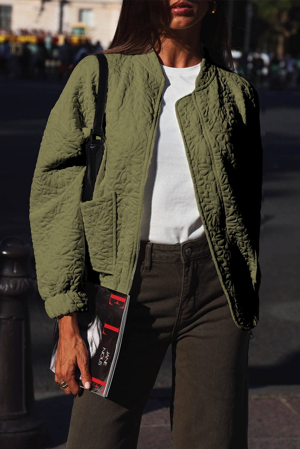 Jungle Green Plain Floral Embossed Zip Up Jacket