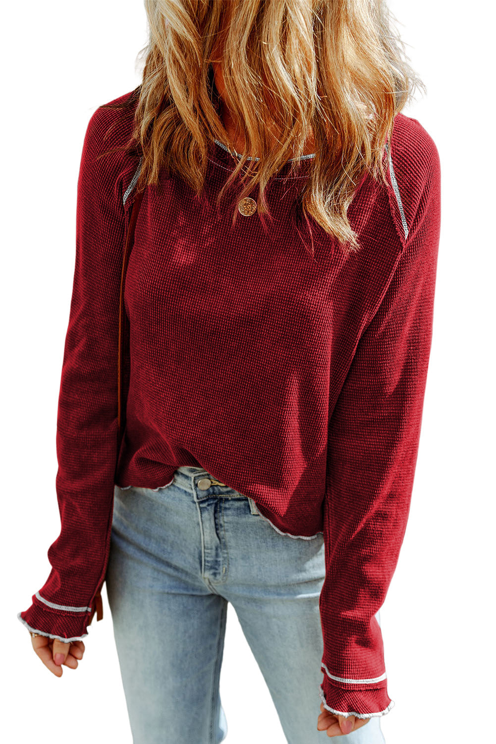 Blue Exposed Seam Textured Pullover Long Sleeve Top