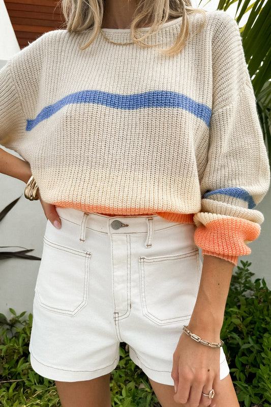 Beige Colorblock Drop Shoulder Cozy Sweater