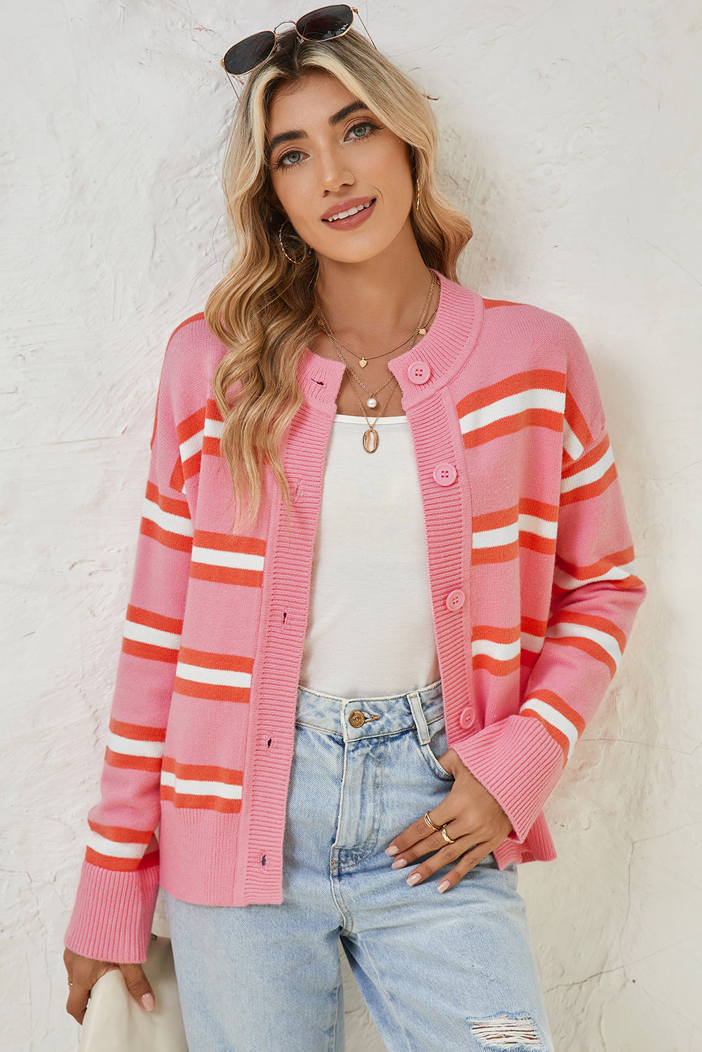 Pink Stripe Button-up Short Cardigan