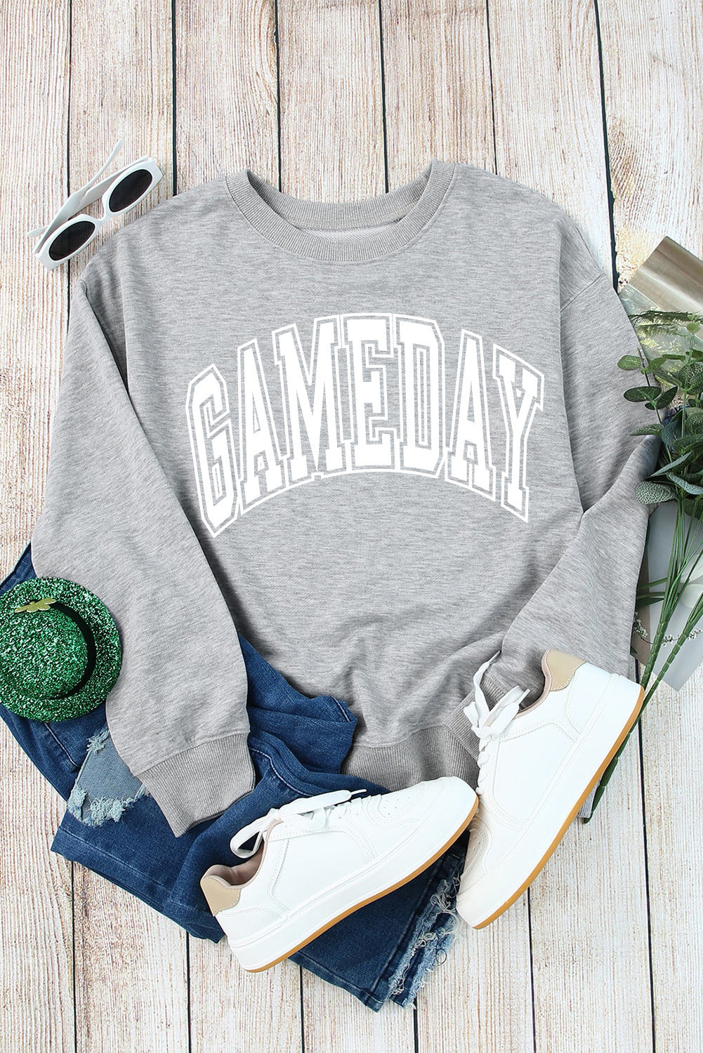 Gray Round Neck GAMEDAY Letter Graphic Sweatshirt