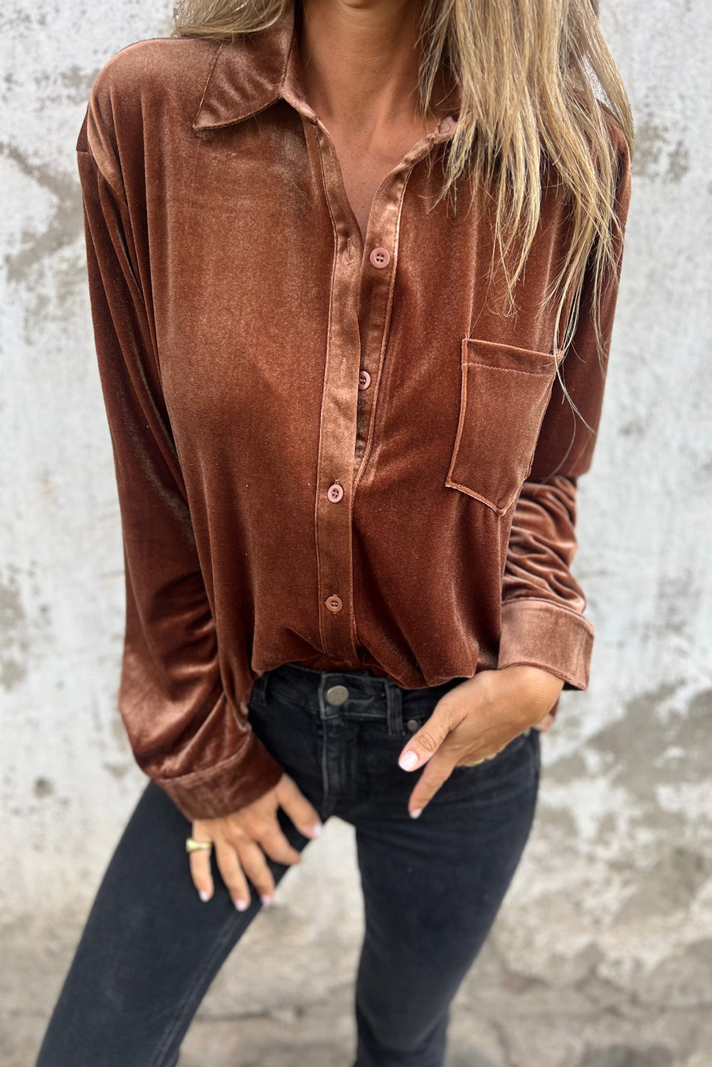 Chestnut Plain Chest Pocket Velvet Shirt