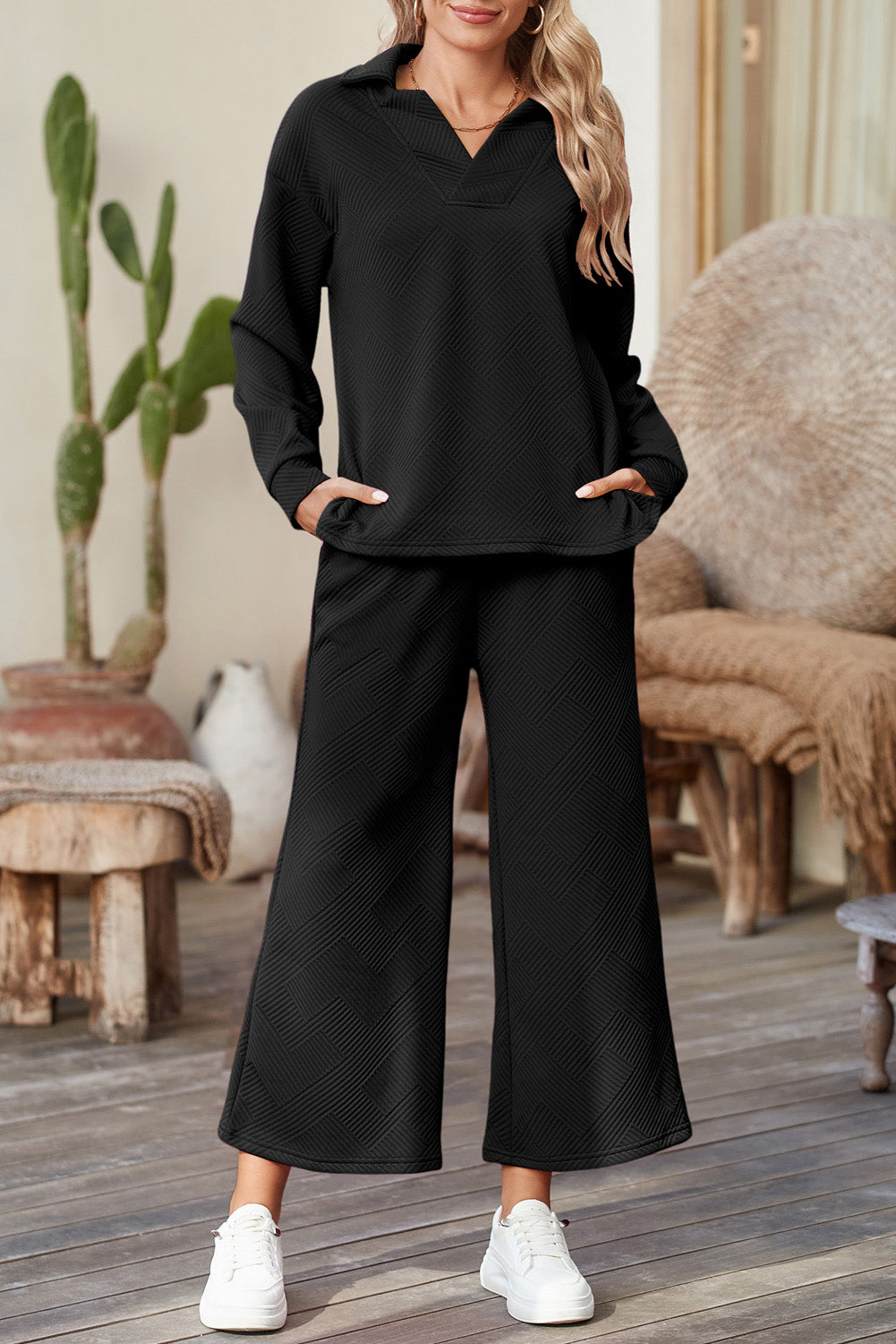 Bonbon Solid Textured Collared V Neck Top and Wide Leg Pants Set