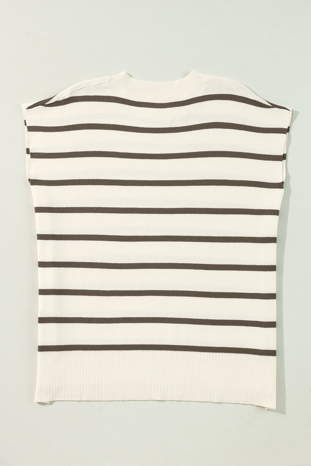 Brown Stripe Side Slits Short Sleeve Knit Top