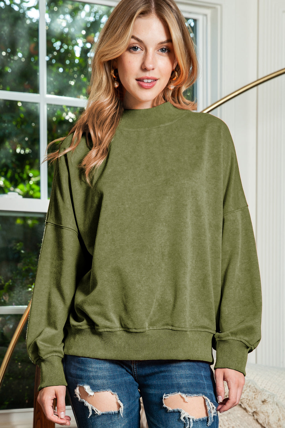 Black Plain Drop Shoulder Crew Neck Pullover Sweatshirt