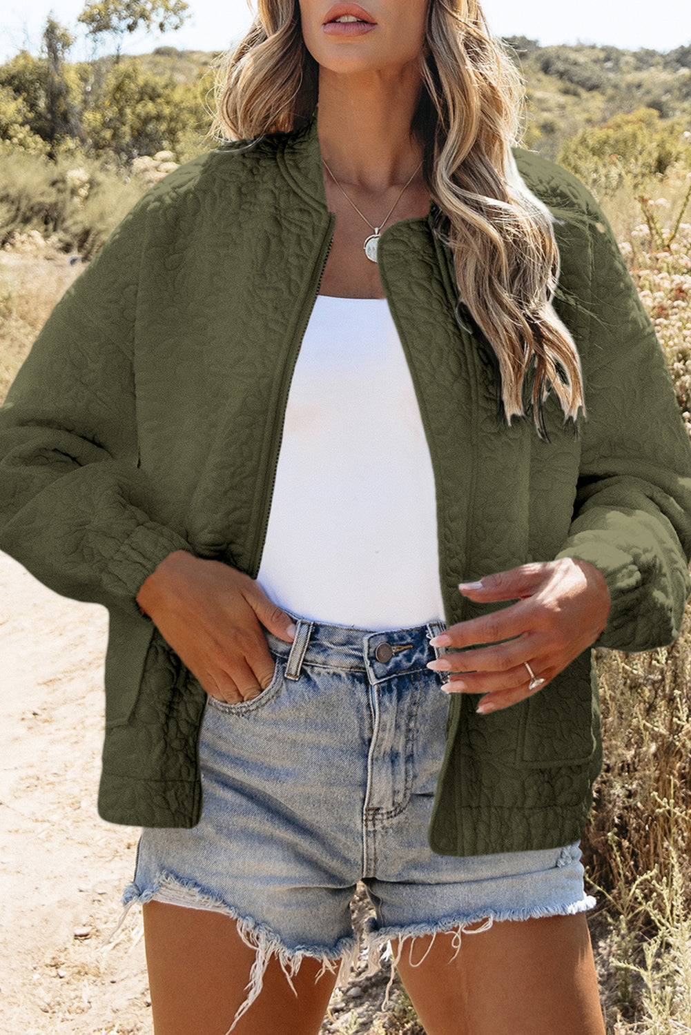 Jungle Green Plain Floral Embossed Zip Up Jacket