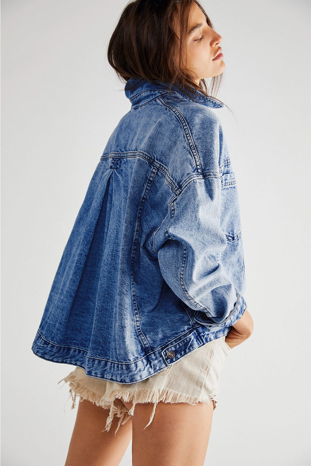 Sky Blue Stripe Washed Oversized Pocketed Denim Jacket