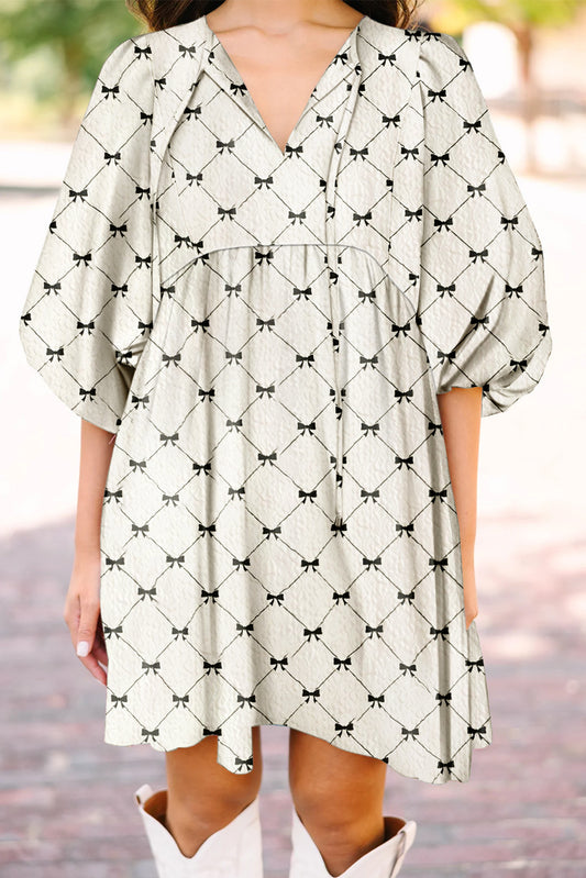 White Sweet Bow Print Lantern Sleeve Mini Dress