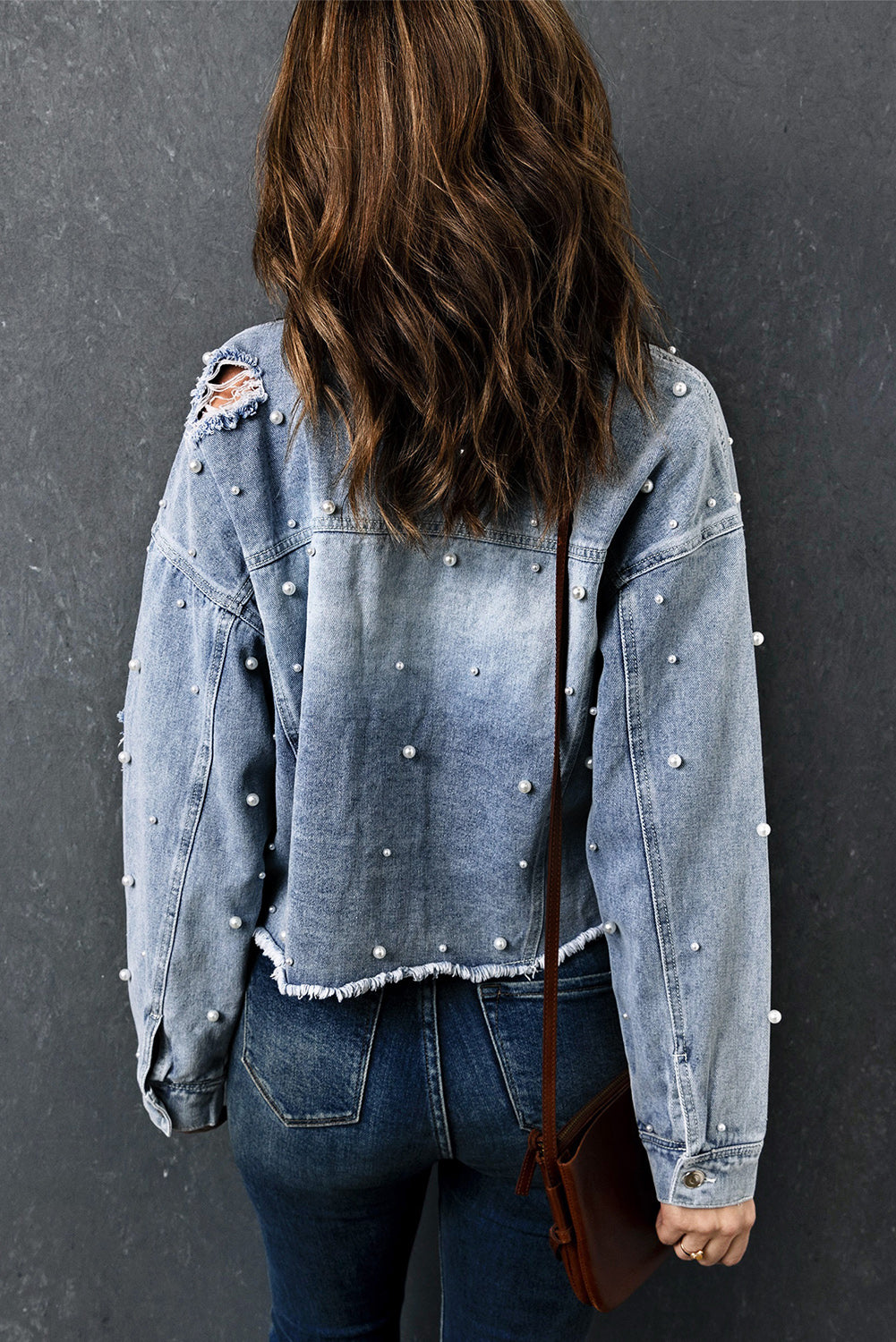 Sky Blue Pearls Beading Cropped Denim Jacket