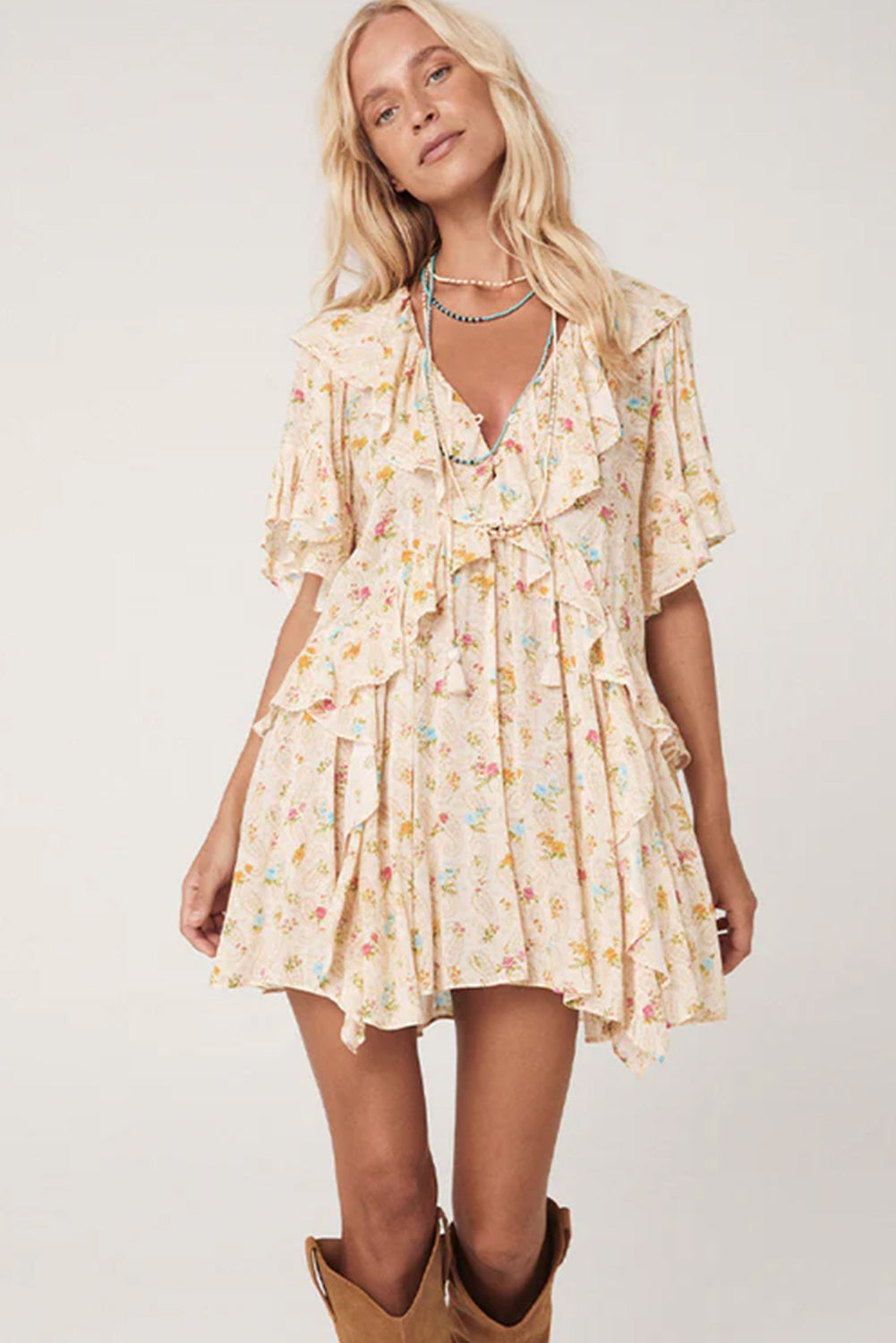 Apricot Boho V Neck Floral Tassel Tie Ruffle Mini Dress