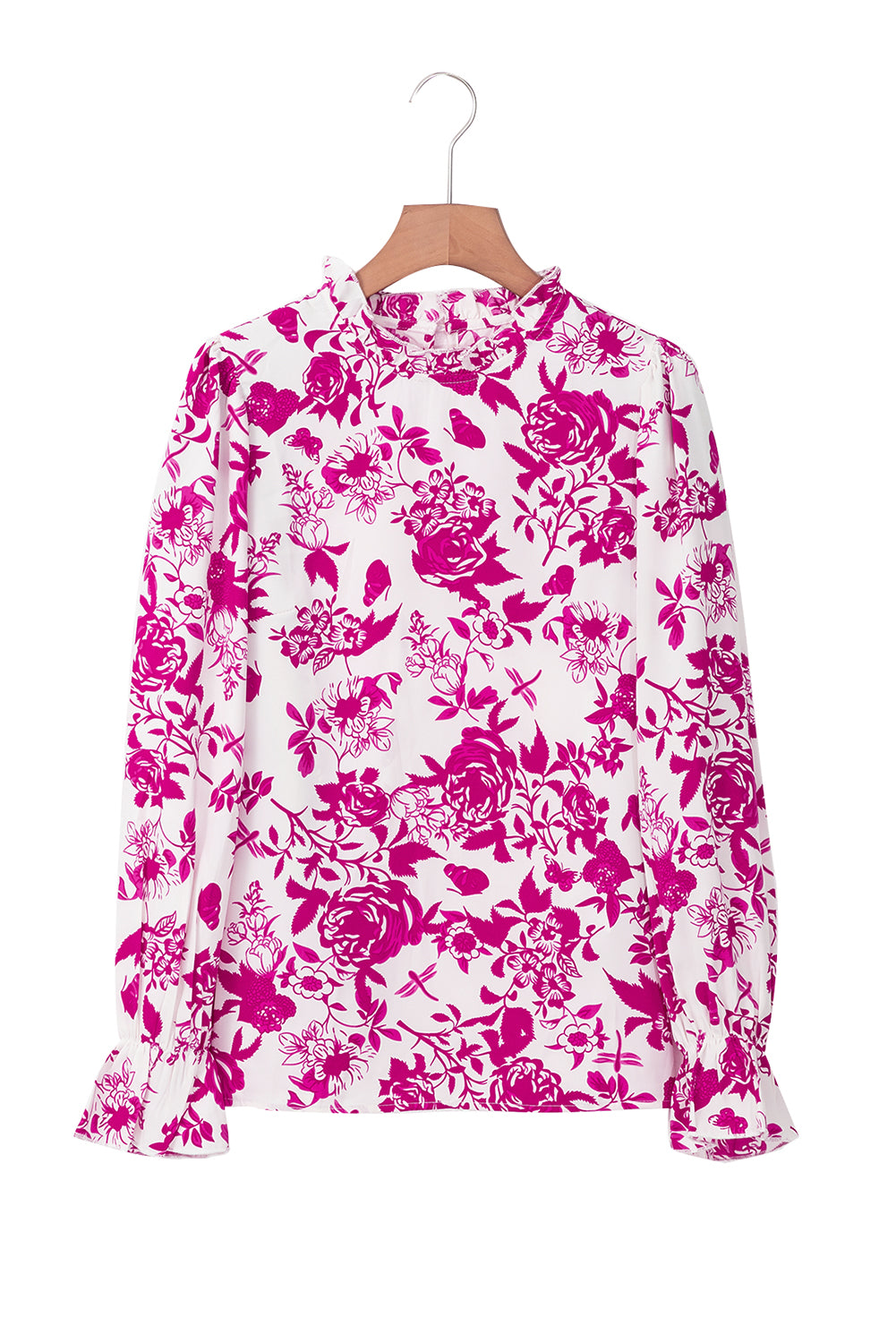 Rose Floral Print Flounce Sleeve Keyhole Back Blouse