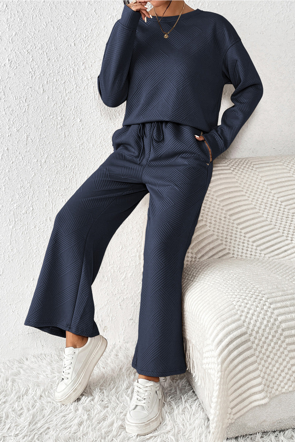 Navy Blue Textured Loose Slouchy Long Sleeve Top and Pants Set