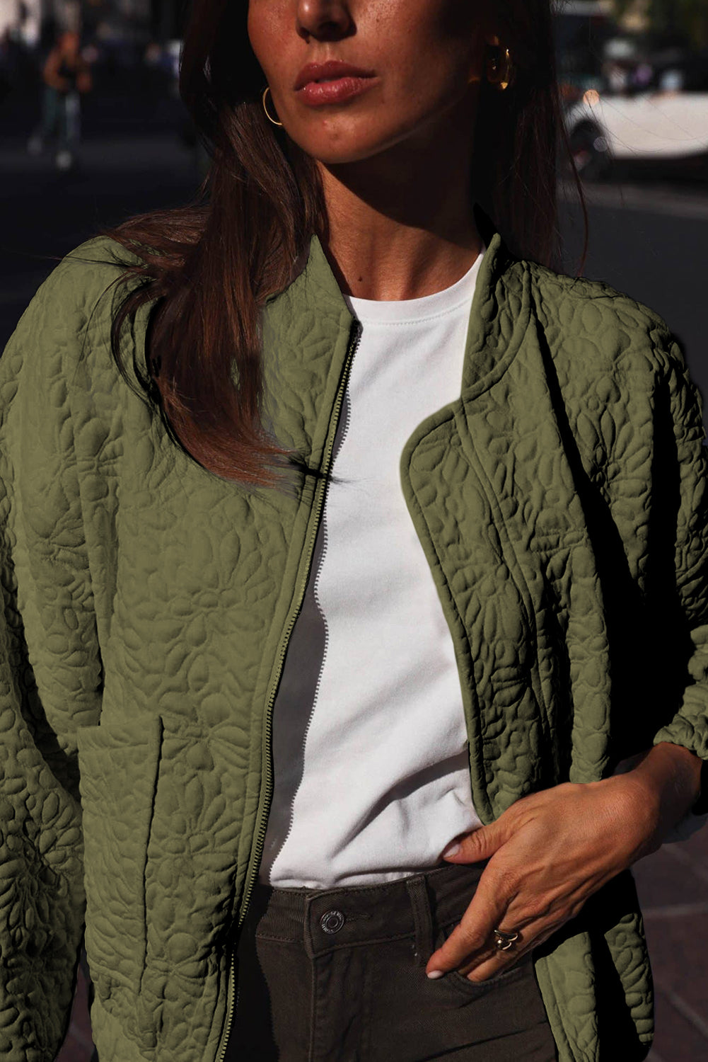 Jungle Green Plain Floral Embossed Zip Up Jacket