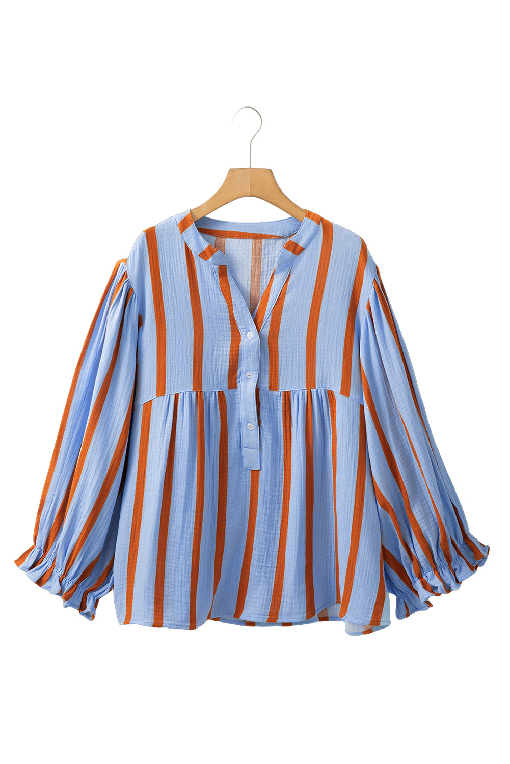 Sky Blue Stripe Crinkle Ruffle Sleeve Loose Blouse