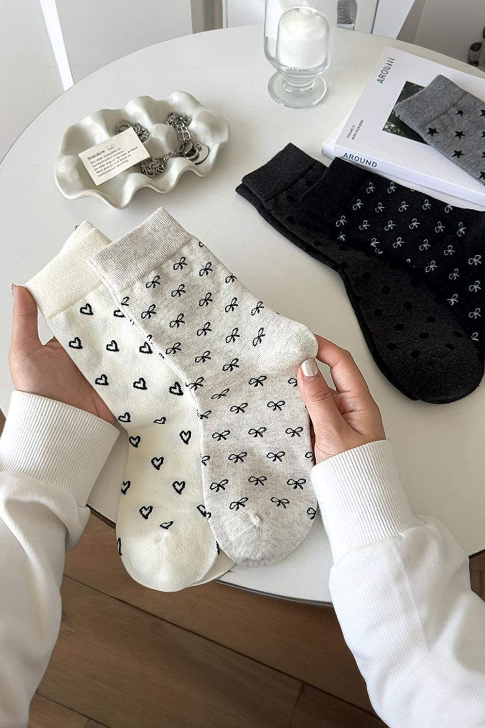 Black Bow Ribbed Edge Crew Socks