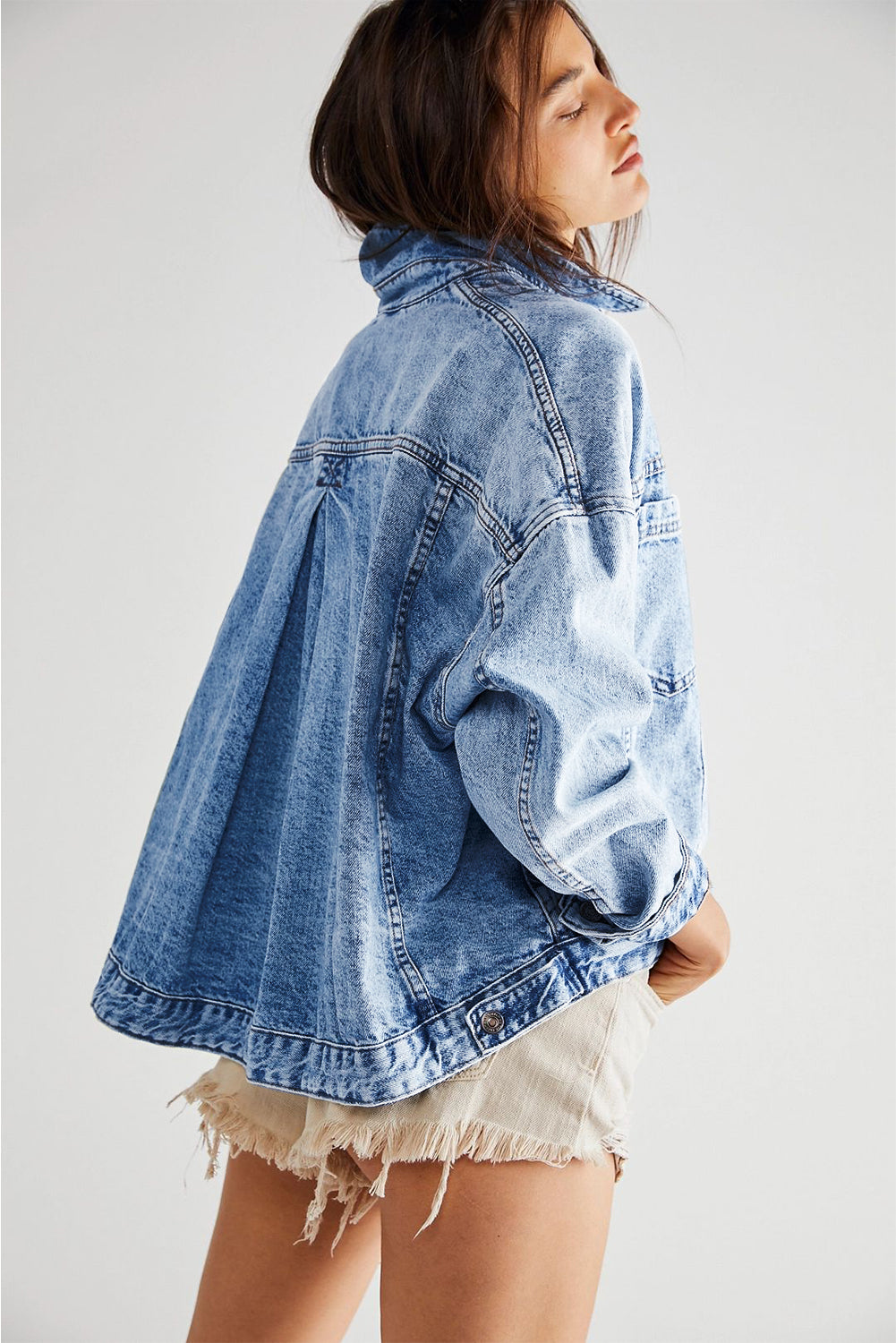 Sky Blue Stripe Washed Oversized Pocketed Denim Jacket