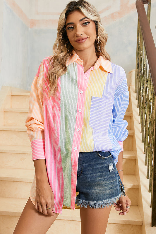 Pink Stripe Color Block Buttoned Oversized Shirt