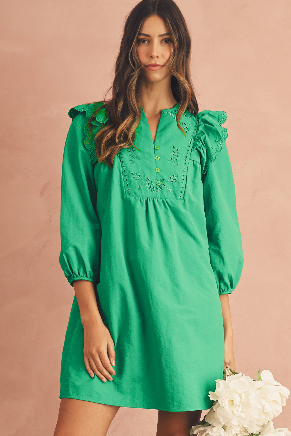 Bright Green Embroidered Ruffle Trim 3/4 Sleeve V Neck Mini Dress