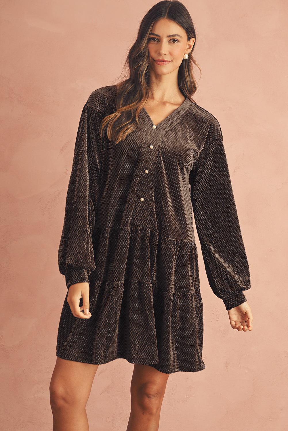 Dark Brown Textured Velvet V Neck Button Mini Dress