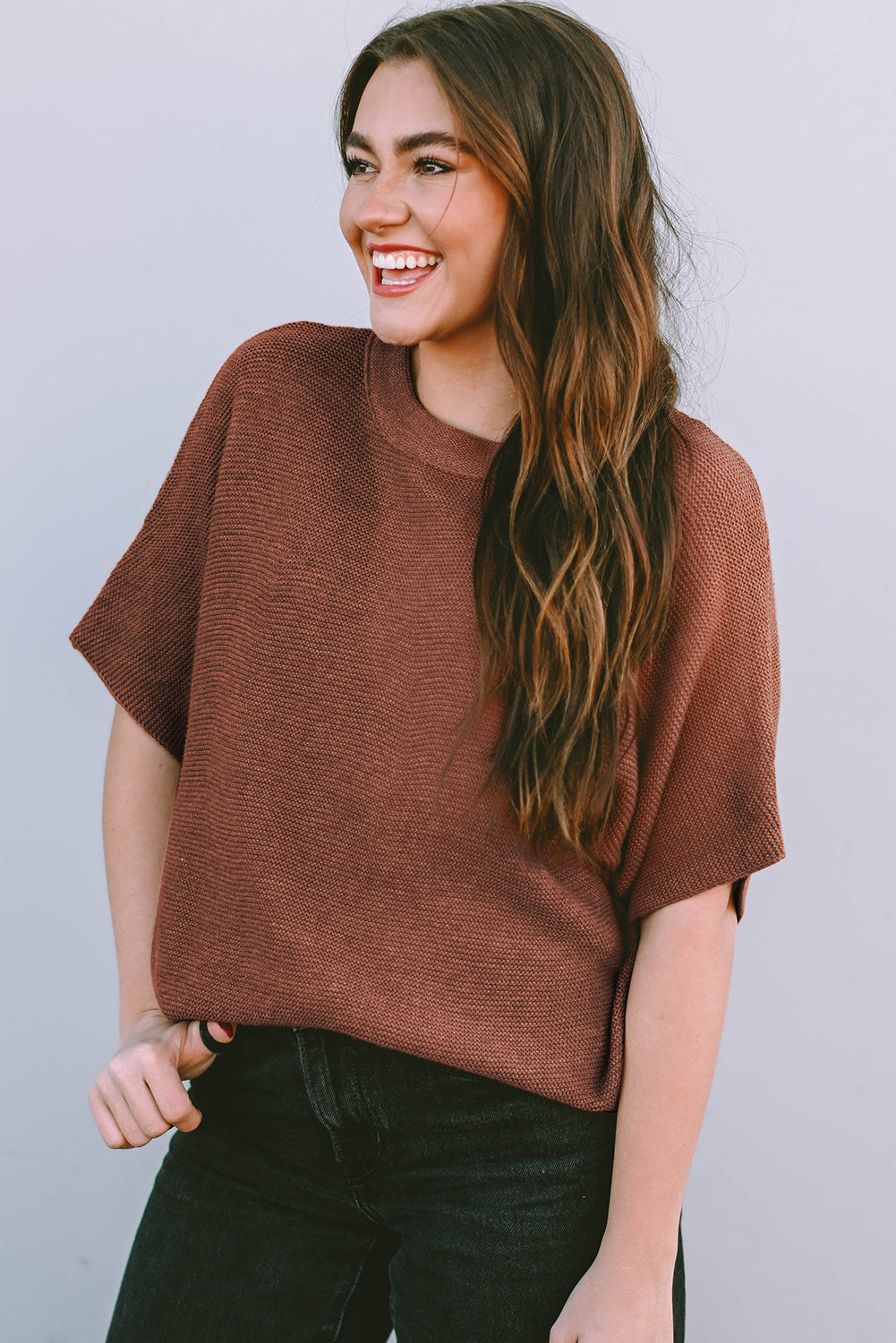 Apricot Mock Neck Short Sleeve Sweater